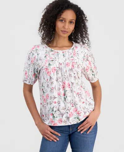 Style & Co Petite Solid Applique Cotton Short-sleeve Blouse, Exclusively At Macy's In White