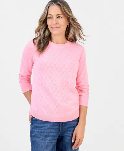 Style & Co Petite Solid Curved Hem Crew Long-sleeve Mixed-textured Stitch Sweater, Created For Macy's In Pink Poise