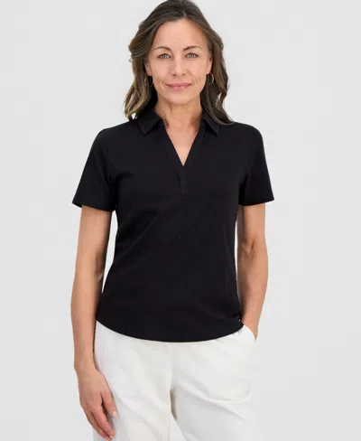 Style & Co Petite Solid Modern Polo Shirt, Macy's Exclusive In Black