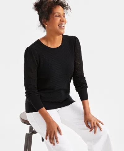 Style & Co Women's Pointelle Crewneck Sweater, Exclusively At Macy's In Deep Black