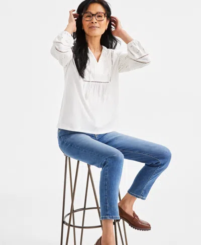 Style & Co Women's Eyelet Embroidered Blouson-sleeve Blouse, Exclusively At Macy's In Shiitake