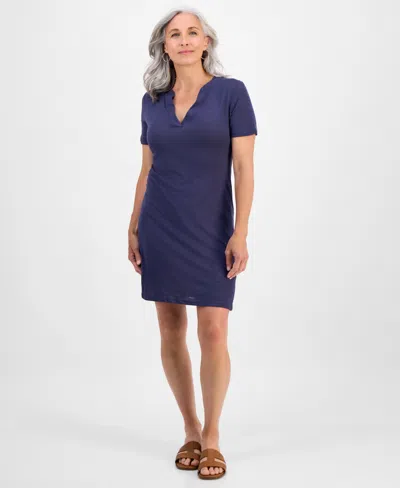 Style & Co Petite Spread-collar Short-sleeve Dress, Exclusively At Macy's In Blue