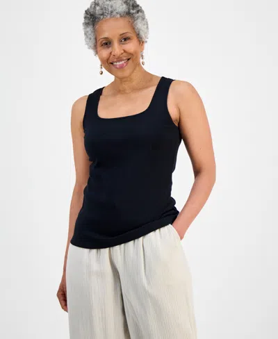 Style & Co Petite Square Neck Cotton Tank Top, Macy's Exclusive In Black