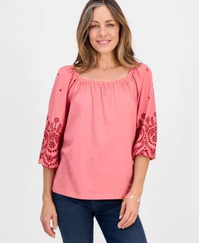 Style & Co Petite Square-neck Embroidered 3/4-sleeve Blouse, Macy's Exclusive In Pink