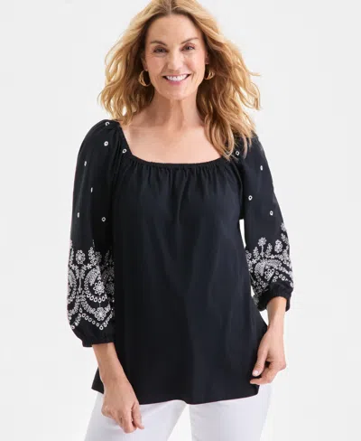 Style & Co Petite Square-neck Embroidered 3/4-sleeve Blouse, Macy's Exclusive In Black