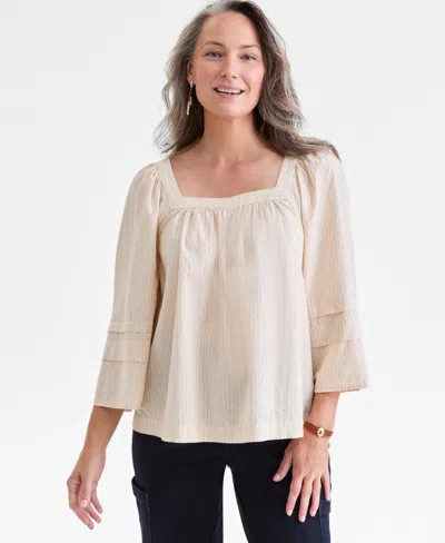 Style & Co Petite Square-neck Shadow-striped Top, Macy's Exclusive In Neutral