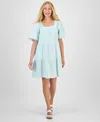 Style & Co Petite Square-neck Short-sleeve Tiered Dress, Exclusively At Macy's In Green