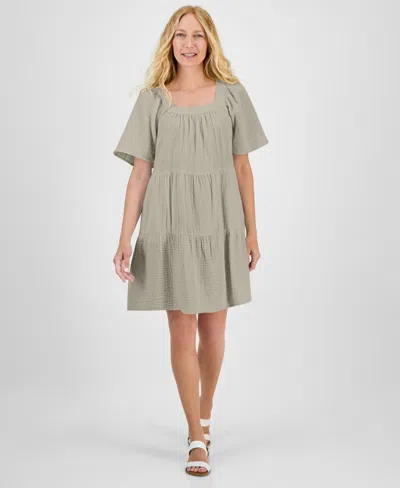Style & Co Petite Square-neck Short-sleeve Tiered Dress, Exclusively At Macy's