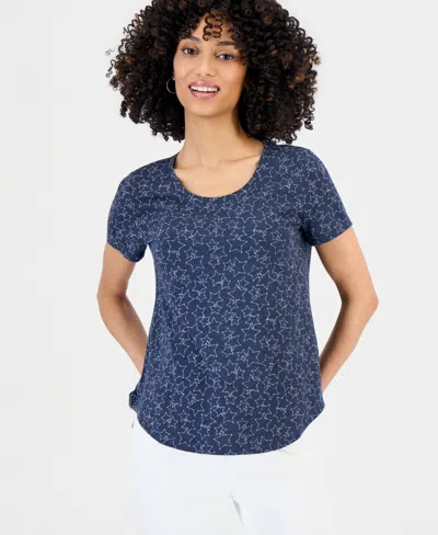 Style & Co Petite Star-print Short-sleeve Perfect T-shirt, Macy's Exclusive In Blue