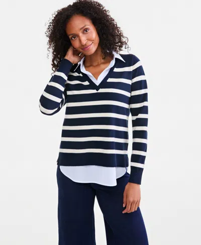 Style & Co Petite Stripe Collared Neck Long-sleeve Sweater, Macy's Exclusive In Industrial Blue