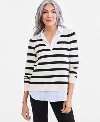 Style & Co Petite Stripe Collared Neck Long-sleeve Sweater, Macy's Exclusive In Palomino Stripe