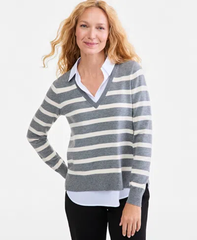 Style & Co Petite Stripe Collared Neck Long-sleeve Sweater, Macy's Exclusive In Stormy Heather