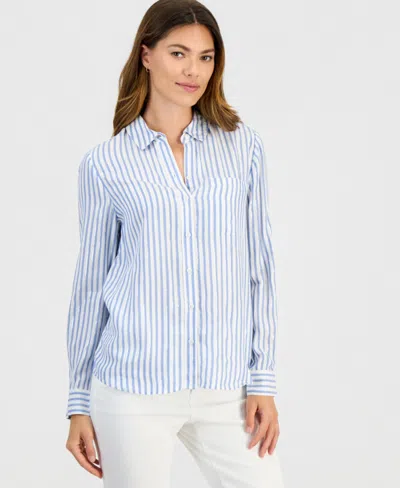 Style & Co Petite Stripe Perfect Long-sleeve Shirt, Macy's Exclusive In Blue
