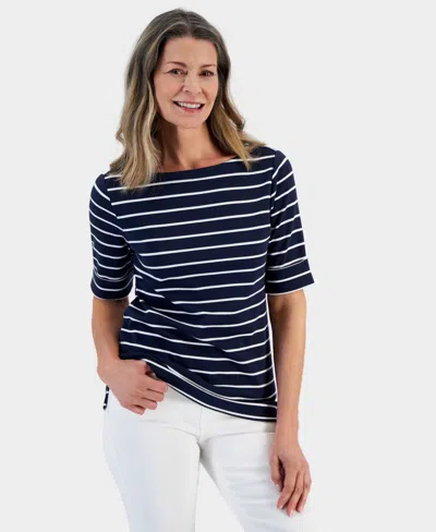 Style & Co Petite Striped Boat-neck Elbow-sleeve Top, Created For Macy's In Simple Industrial Blue