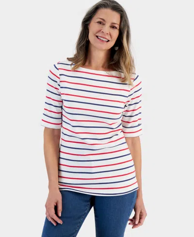 Style & Co Petite Striped Boat-neck Elbow-sleeve Top, Created For Macy's In Simple Natural