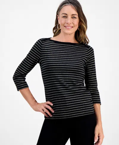 Style & Co Petite Striped Boat-neck Top, Macy's Exclusive In Black