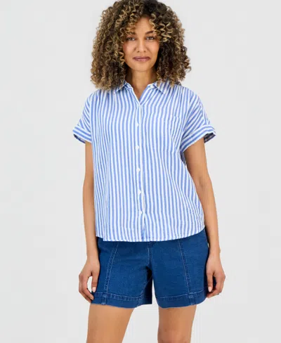 Style & Co Petite Striped Button-up Cotton Gauze Camp Shirt, Macy's Exclusive In Multi
