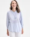 Style & Co Petite Striped Cotton Blouson-sleeve Shirt, Exclusively At Macy's In Blue