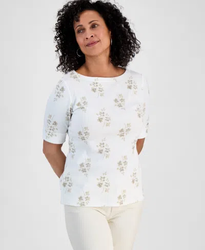 Style & Co Petite Striped Elbow-sleeve T-shirt, Exclusively At Macy's In White
