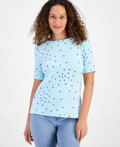 Style & Co Petite Striped Elbow-sleeve T-shirt, Exclusively At Macy's In Blue