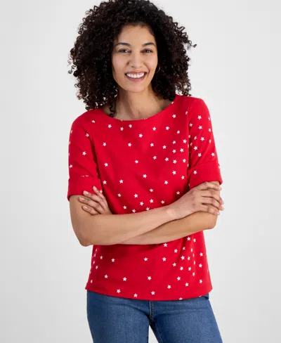 Style & Co Petite Striped Elbow-sleeve T-shirt, Exclusively At Macy's In Red