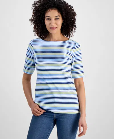 Style & Co Petite Striped Elbow-sleeve T-shirt, Exclusively At Macy's