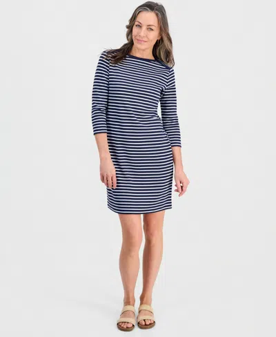 Style & Co . Petite Striped Knit Envelope-neck 3/4-sleeve Dress, Macy's Exclusive In Blue