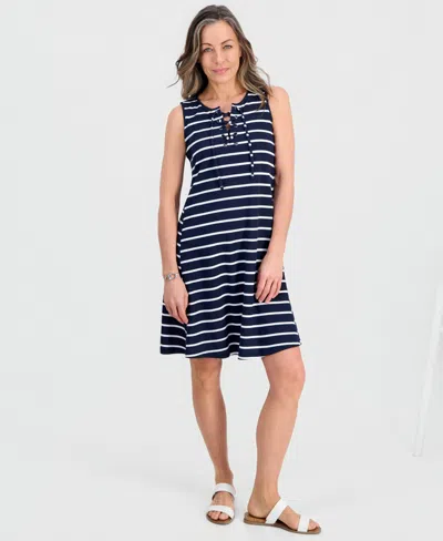 Style & Co Petite Striped Knit Sleeveless Lace-up Dress, Macy's Exclusive In Blue