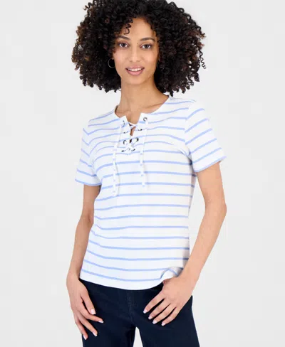 Style & Co Petite Striped Lace-up Short-sleeve Top, Macy's Exclusive In White