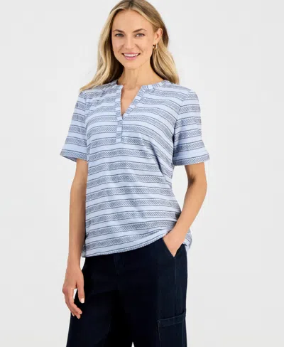 Style & Co Petite Striped Short-sleeve Knit Top, Macy's Exclusive In Blue