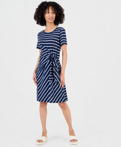 Style & Co Petite Striped Side-tie Short-sleeve Dress, Macy's Exclusive In Blue
