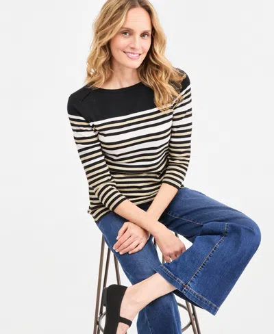 Style & Co Petite Striped-henley T-shirt, Macy's Exclusive In Black