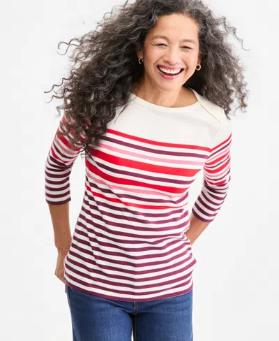 Style & Co Petite Striped-henley T-shirt, Macy's Exclusive In Red