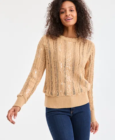 Style & Co Petite Texture Shine Long-sleeve Sweater, Macy's Exclusive In Brown