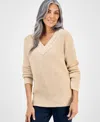 Style & Co Petite Textured Stitch V-neck Sweater, Macy's Exclusive In Neutral