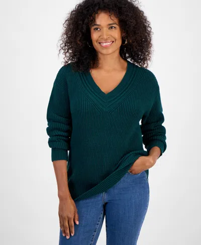Style & Co Petite Textured Stitch V-neck Sweater, Macy's Exclusive In Green