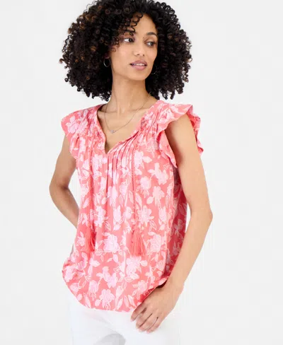 Style & Co Petite Tie-neck Pintuck-front Ruffled Top, Macy's Exclusive In Pink