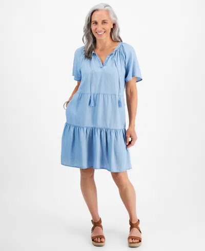 Style & Co Petite Tiered Chambray Dress, Created For Macy's In Emma Wash