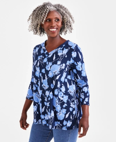 Style & Co Petite Tonal Floral 3/4-sleeve V-neck Tunic, Created For Macy's In Industrial Blue