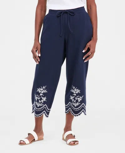 Style & Co Petite Trim Eyelet Wide-leg Knit Pants, Macy's Exclusive In Blue