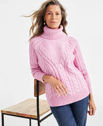 Style & Co Women's Lurex Cable-knit Turtleneck Sweater, Created For Macy's In Pink Rain