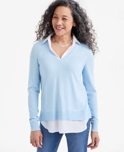 Style & Co Petite Two For One V-neck Pullover Sweater, Created For Macy's In Dream Blue