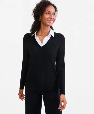 Style & Co Petite Two-fer Cable Knit Polo Sweater, Macy's Exclusive In Deep Black