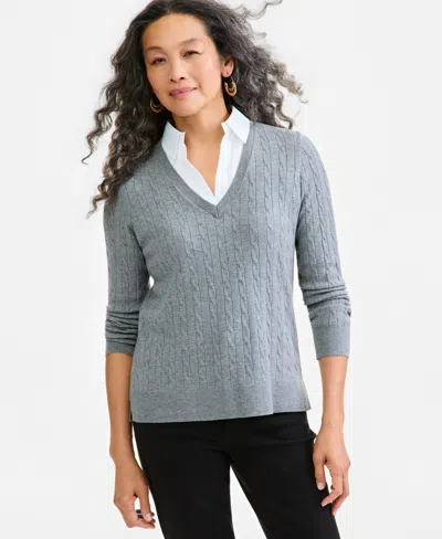 Style & Co Petite Two-fer Cable Knit Polo Sweater, Macy's Exclusive In Stormy Heather