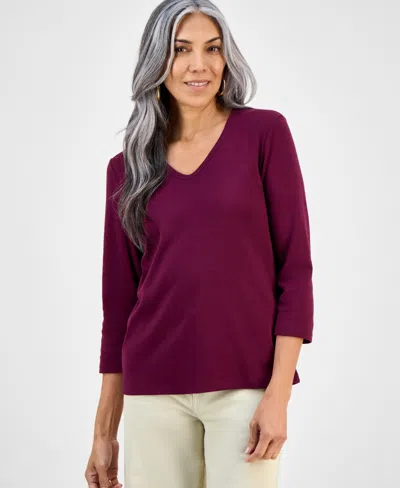 Style & Co Petite V-neck 3/4-sleeve T-shirt, Created For Macy's In Burgundy