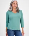 Style & Co Plus Size Cotton V-neck 3/4-sleeve Top, Exclusively At Macy's In Green