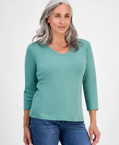 STYLE & CO PETITE V-NECK 3/4-SLEEVE T-SHIRT, CREATED FOR MACY'S