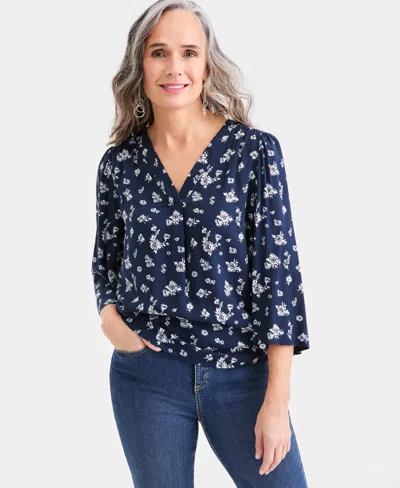 Style & Co Petite V-neck Bell Sleeves Blouse, Macy's Exclusive In Blue