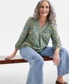 Style & Co Petite V-neck Pin-tuck Top, Exclusively At Macy's In Floral Bea