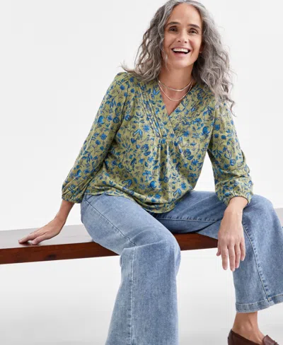 Style & Co Petite V-neck Pin-tuck Top, Exclusively At Macy's In Floral Bea